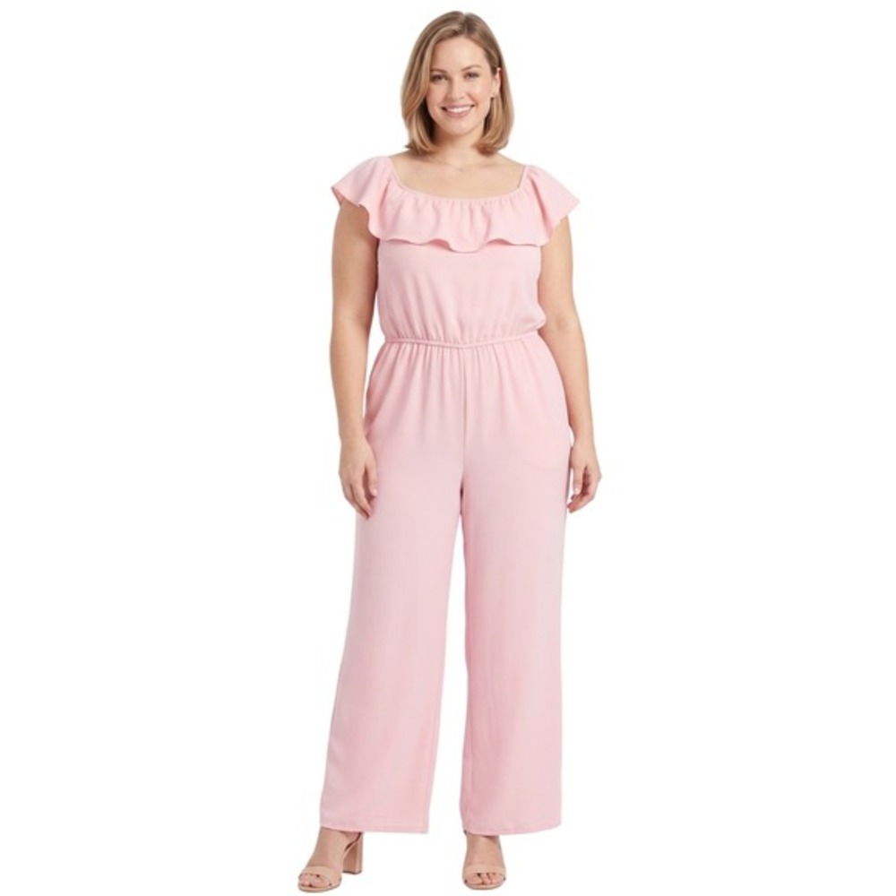 Hybrid & Company Pink Ruffle Wide‎ Leg Jumpsuit Womens Plus Size 3X Scoop Neck